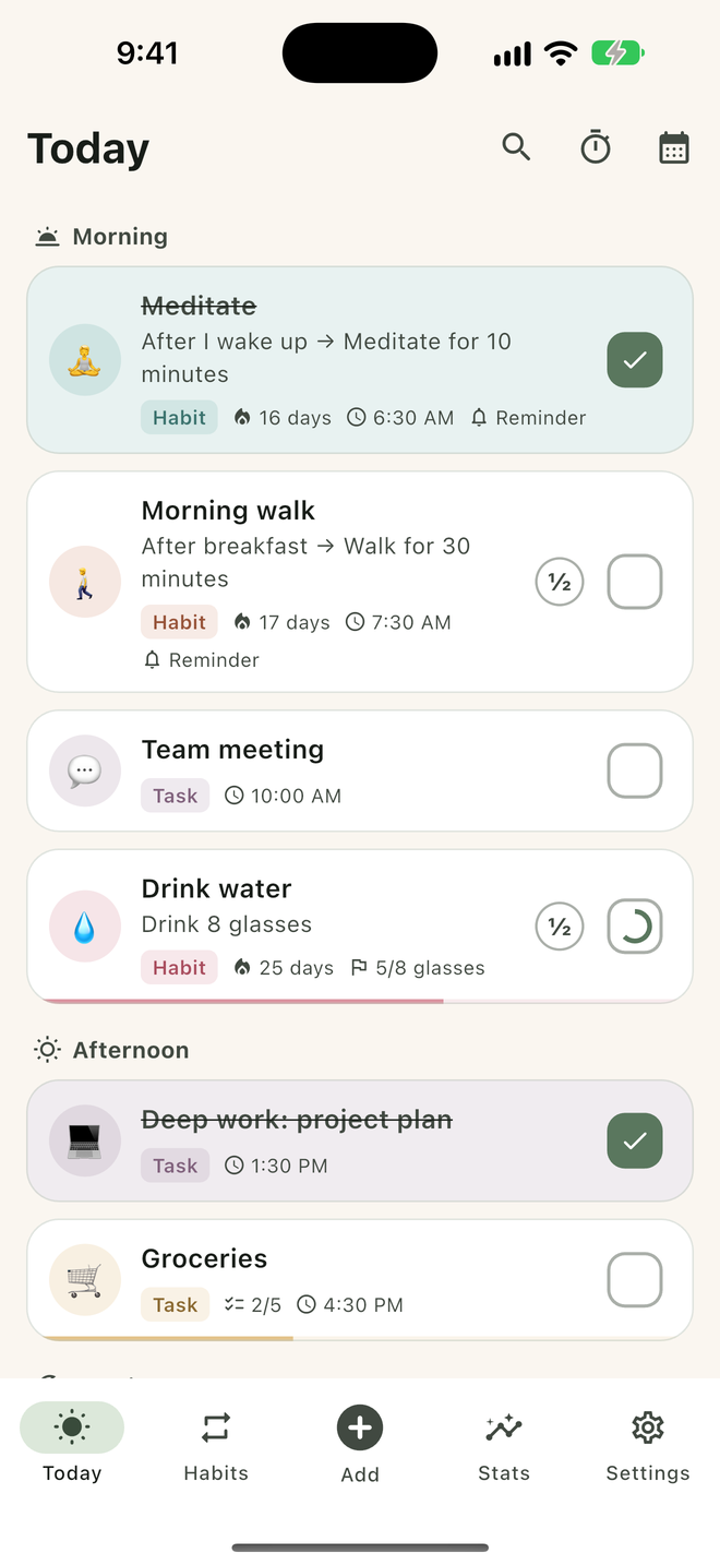 Halfstep Today screen with morning and afternoon habits